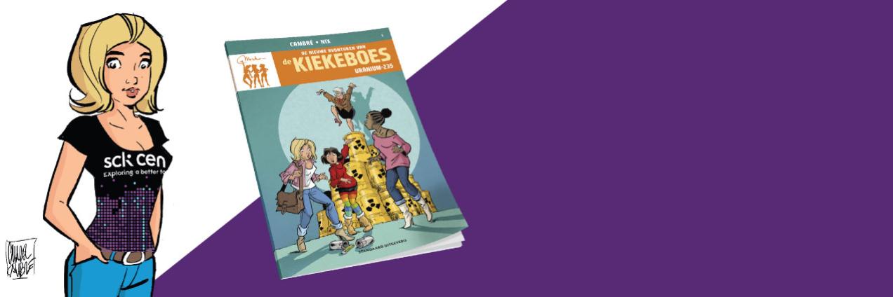 Fanny in SCK CEN-truitje en cover van strip De Kiekeboes: Uranium-235
