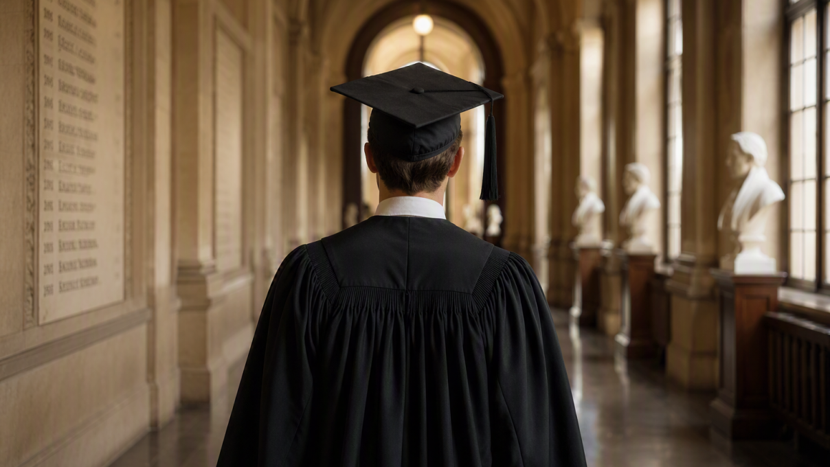 een doctorandus van achteren gezien in een academische setting
