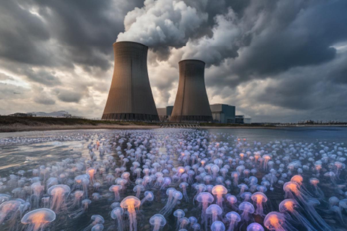 Kwallen zwemmen in de zee naar kernreactoren om te stil te leggen