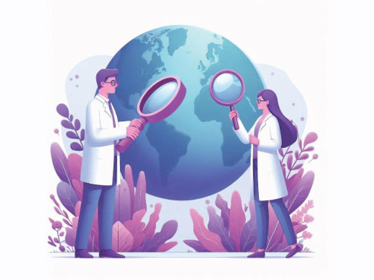 Ai generated image of male and female scientist looking at the earth with magnifying glasses in purple colours