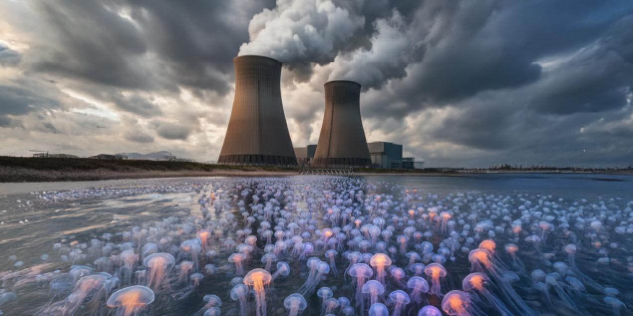 Kwallen zwemmen in de zee naar kernreactoren om te stil te leggen