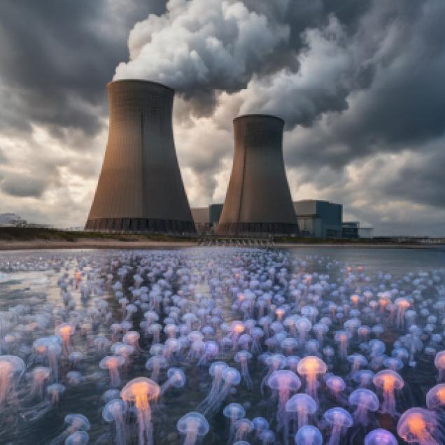 Kwallen zwemmen in de zee naar kernreactoren om te stil te leggen