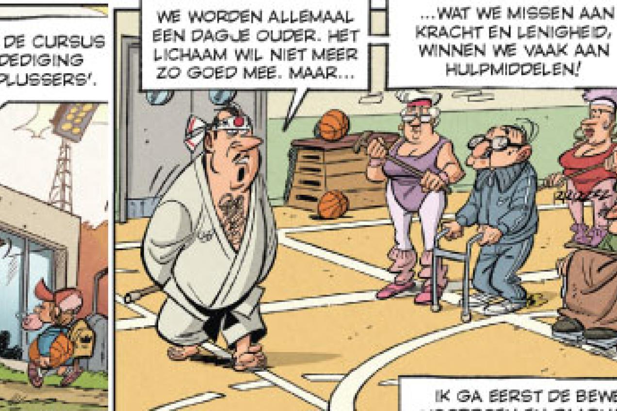 Stukje uit strip waarbij Moemoe en andere 70-plusser een les zelfverdediging gaan volgen