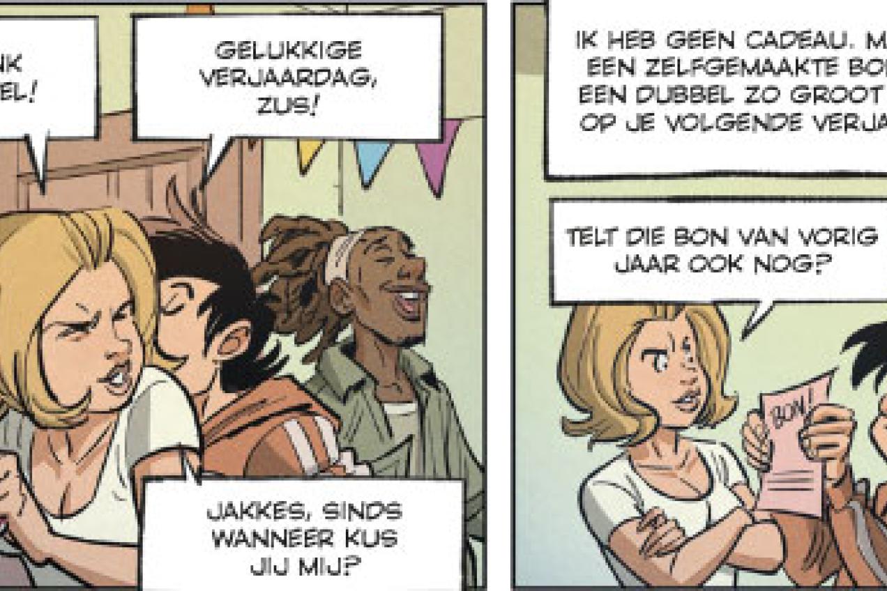 Stukje uit strip waarbij Fanny een zoen en cadeaubon krijgt van haar jongere broer Nopel