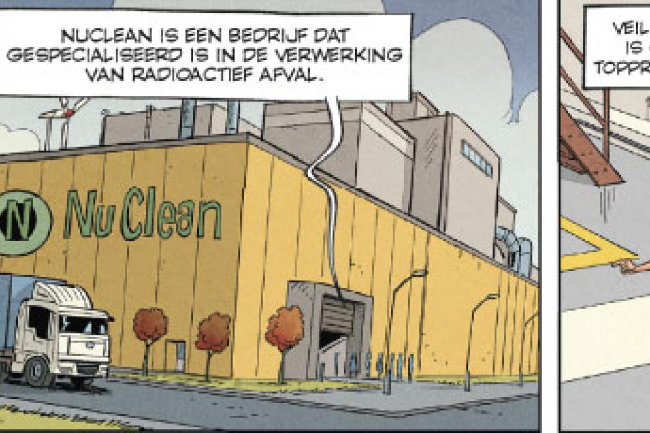 Stukje uit strip waarbij bedrijf Nuclean zien met een medewerker die een rondleiding organiseert.