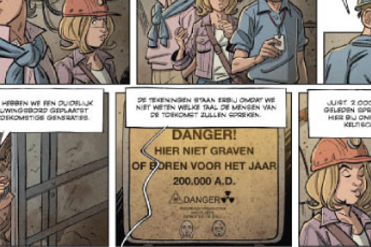 Knipsel uit stripboek 'Kiekeboes: Uranium 235 waarin men zich afvraagt welke taal men in de verre toekomst zal spreken, in functie van veiliige ondergrondse berging van kernafval